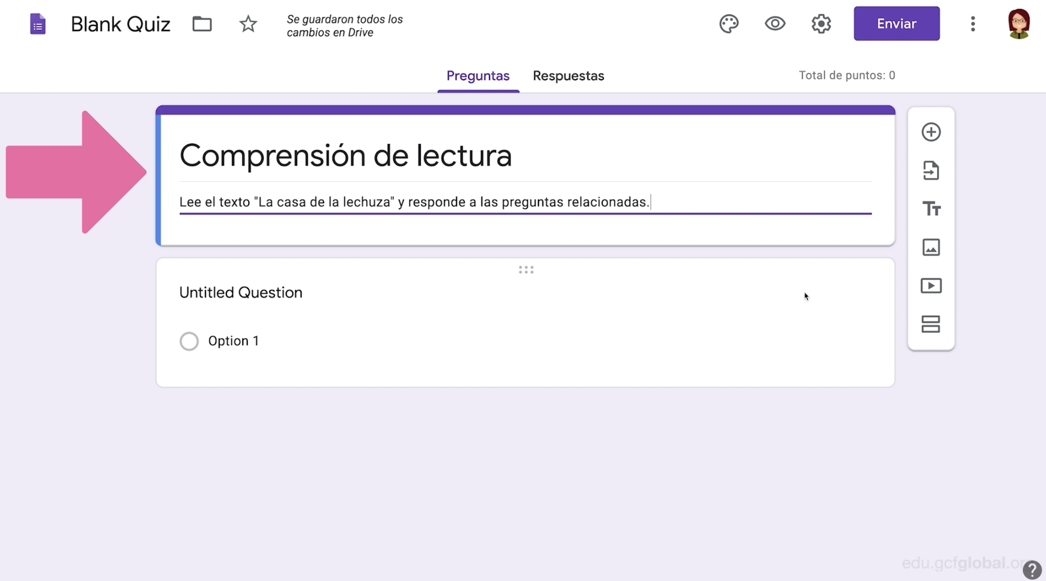 Ingresar nombre y descripción de examen en Formulario de Google